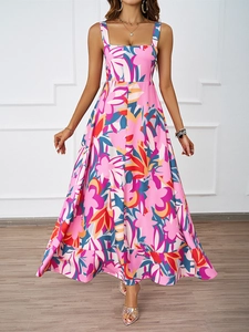 Close-up of square neckline and floral print on a summer A-line maxi dress