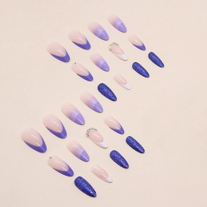 Sparkly almond press-on nails set in Morandi blue and purple with rhinestone accents