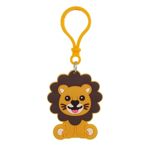Detailed view of a cute yellow cartoon lion keychain made from soft eco-friendly PVC material