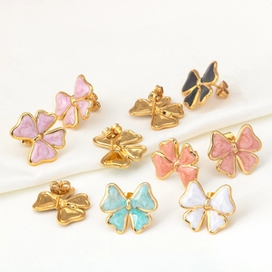 Bow-shaped stainless steel earrings with colorful marble enamel inlay in five soft colors