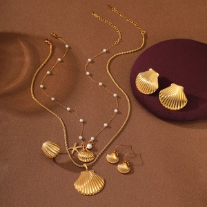 Ocean Shell Necklace And Earrings For Women Stainless Steel Vintage Geometric Texture Elegant Fashion Jewelry