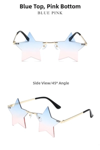 Close-up of star-shaped rimless sunglasses with blue to pink gradient lenses and gold frame