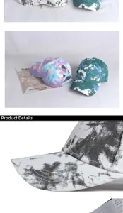 Detail view of cotton tie-dye baseball cap with elastic criss-cross ponytail opening