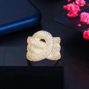 Luxe gold-plated wide twisted knot ring with sparkling micro-pave AAA cubic zirconia crystals