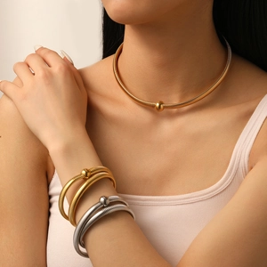 Minimalist 18K gold and silver stainless steel magnetic choker and bracelet jewelry set