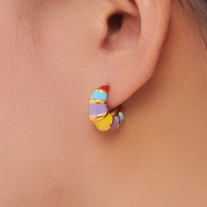 Colorful enamel striped C-shape earrings in gold finish worn by a model for a stylish look