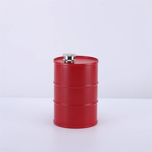 Close-up of a red 750ml stainless steel hip flask in a creative oil drum design