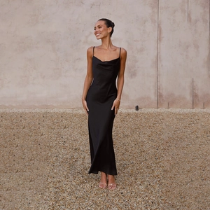 Elegant black satin slip dress with deep V-neck and slim fit for women's summer fashion