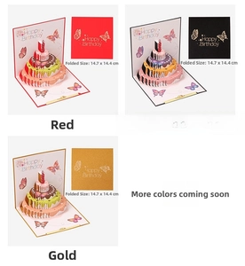 Detailed 3D pop-up birthday card with butterfly cake design, size 14.7x14.4cm in gold and black