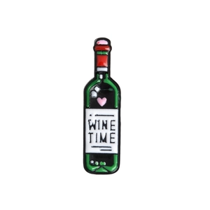 Cute enamel wine bottle brooch pin with Wine Time lettering and pink heart detail