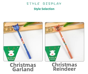 Detail of Christmas reindeer sequin pens featuring festive bear and wreath designs