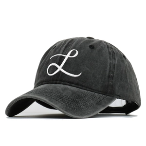 Vintage washed cotton baseball cap in dark grey with white letter L embroidery detail