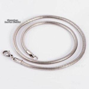 Detailed view of silver stainless steel snake chain necklace with secure lobster clasp