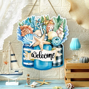 Nautical Ocean Theme Welcome Wood Sign Starfish Shell Anchor Hanging Plaque For Front Door Wall Decor Coastal Home Decoration