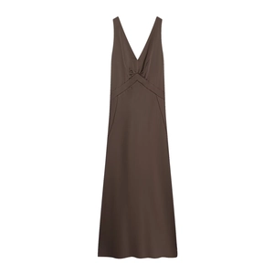 Elegant deep brown V-neck sleeveless maxi dress with silky satin texture and flowing fit