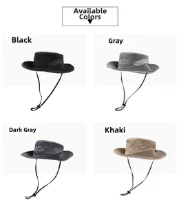 Detail view of outdoor sun hats in four colors with mesh vents and Travelers embroidery