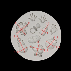 Detail of baby shower silicone mold with handprint, bottle, and stroller shapes