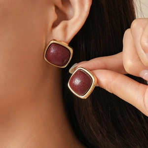 Retro Geometric Square Stud Earrings Alloy With Faux Leather And 925 Sterling Silver Earring Post For Women