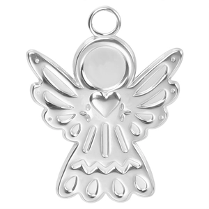 Close-up of a silver angel pendant with detailed wings and heart, stainless steel finish