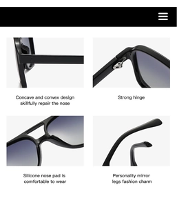 Detailed views of double bridge sunglasses showing strong metal hinges and nose pads