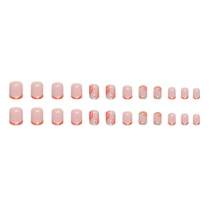 Short round orange press-on nails with grapefruit art and French design for summer