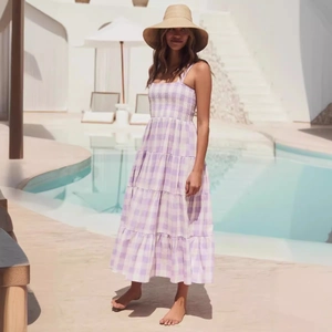 Elegant purple and white gingham backless tiered maxi dress with ruched bodice