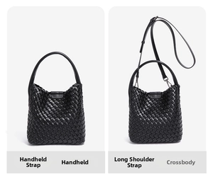 Detail of hand-woven black leather bucket bag showing texture and detachable strap