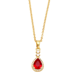 Elegant gold-plated chain necklace featuring a pear-cut red zircon pendant with halo diamonds