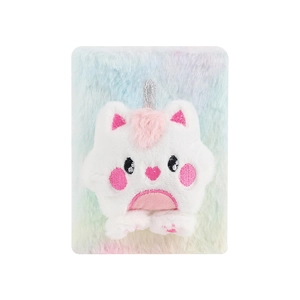 Detail of plush notebook cover featuring a soft gradient fur and a 3D unicorn cat doll