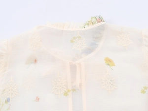 Detail of beige chiffon blouse with floral embroidery, ruffled collar, and front neck ties
