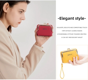 Detail of vintage lychee texture mini wallets in red and yellow with metal clasp