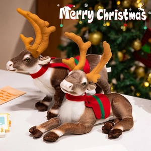 Lifelike plush reindeer figurines with festive scarves and antlers for Christmas decor