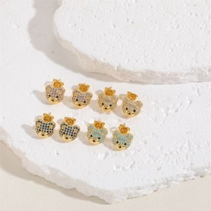 Cute gold-plated bear stud earrings set with colorful zircon stones in four vibrant colors