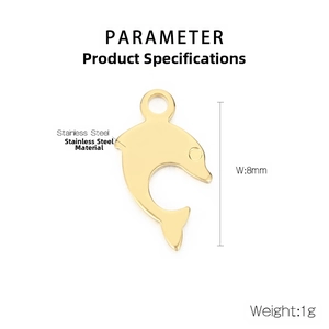 Detailed view of golden stainless steel dolphin pendant with specific size parameters