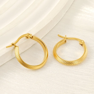 Chic 18K gold plated stainless steel hoop earrings with elegant textured striped pattern