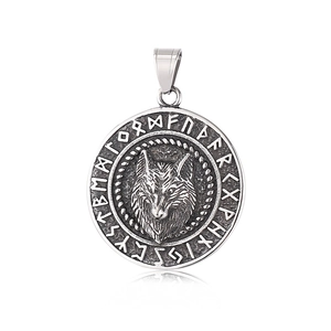 Nordic Viking wolf head pendant with runic alphabet in polished stainless steel