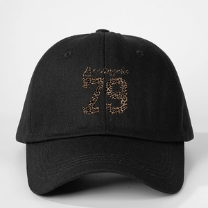 Classic black cotton baseball cap with Los Angeles 79 leopard print lettering design