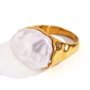 18K gold plated stainless steel ring with baroque pearl and textured irregular metal band