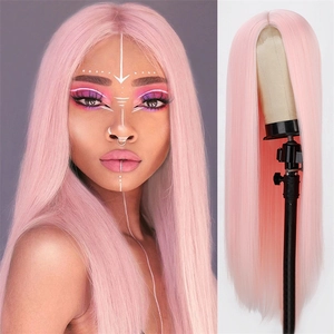 Long straight sakura pink middle part wig for women, 24-inch heat resistant hair
