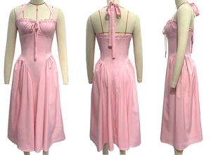 Detailed three-way view of pink halter dress featuring ruffled bodice and slim waist