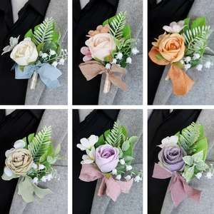 Variety set of six realistic rose boutonnieres with ribbons on grey suits for weddings