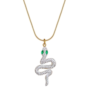 Minimalist gold snake necklace with green eyes and crystal rhinestones on white background