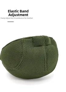 Detail of dark green mesh fabric and elastic strap for adjustable head circumference