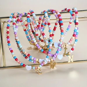 Initial Letter Necklace Colorful Beaded 316L Stainless Steel Clavicle Chain Heart Shell Bohemian Style For Women