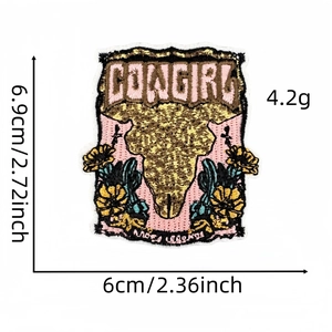 Western style cowgirl skull embroidered patch with dimensions 6.9cm x 6cm on white background