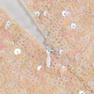 Macro detail of sequin dress featuring champagne mesh fabric and invisible back zipper