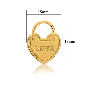 Detailed macro view of 15x19mm gold heart padlock charm with LOVE engraving and sizing