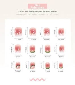 Size chart showing 12 different dimensions for press-on nails in pink gradient colors