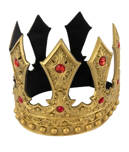 Detailed view of vintage gold royal crown with red rubies and black inner padding support