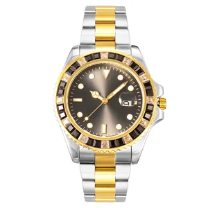 Men's stainless steel watch with colorful zircon bezel and dark grey sunburst dial